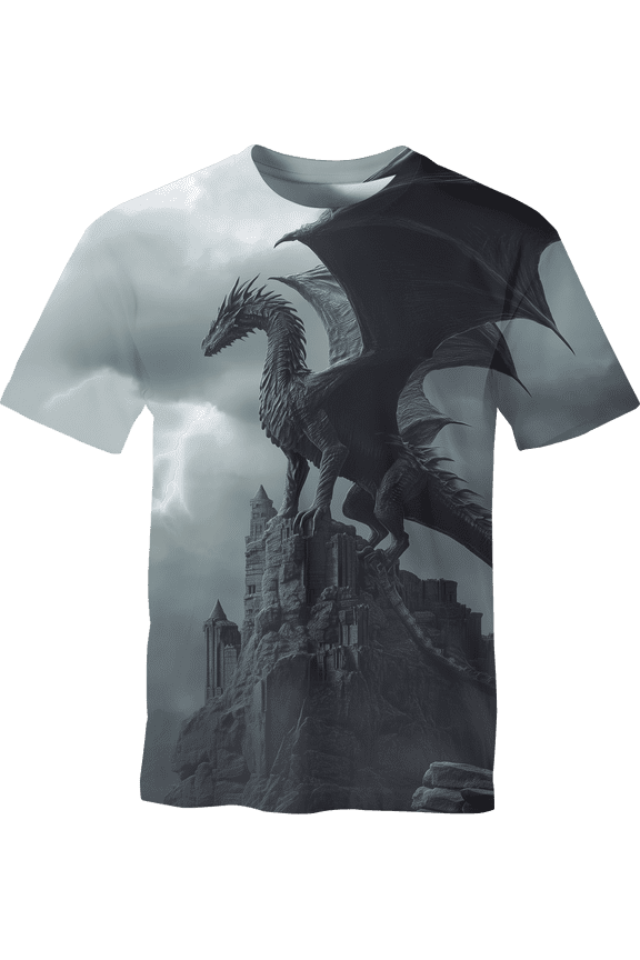 Men's Black Dragon T Shirt, 3D Dark Fantasy Castle Graphic Tee, Gothic Medieval Storm Dragon Short Sleeve Shirt, S-4XL,Multi,M