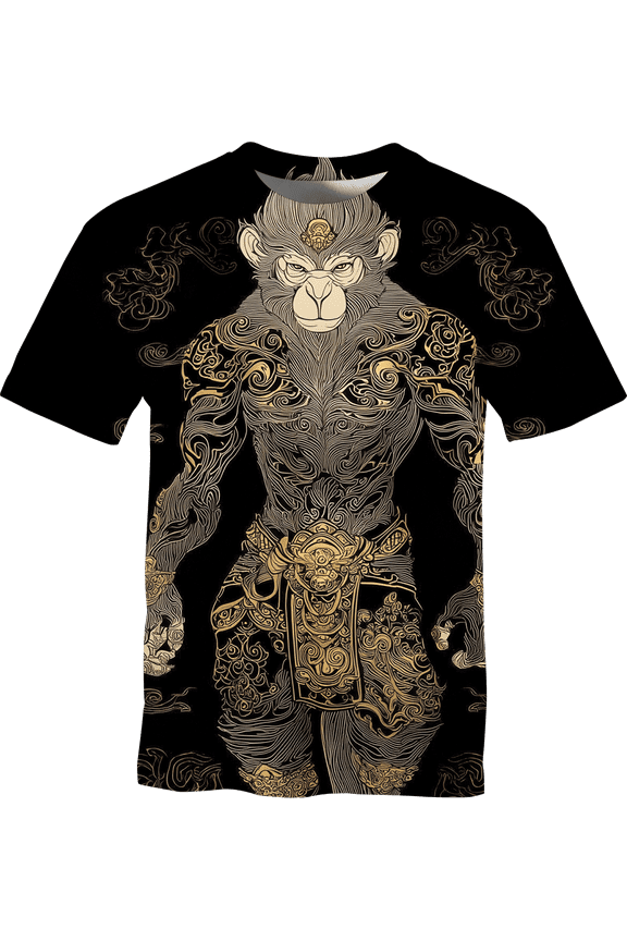 Men's Chinese Zodiac Monkey Graphic T-Shirt, Black Gold Line Art Short Sleeve Crewneck Tee, S-4XL,Black,S