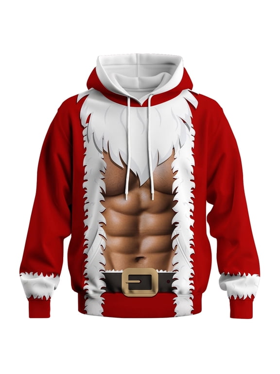 Men's Christmas Santa 3D Muscle Graphic Pullover Hoodie, Red White,Red1,L