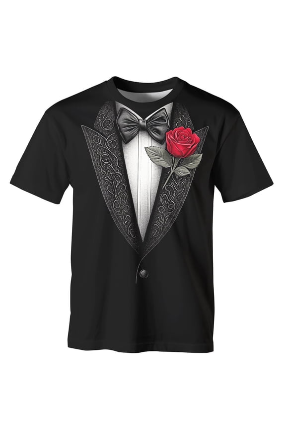 Men's Funny Tuxedo Graphic T-Shirt with Rose, Black Formal Suit Print Novelty Tee for Wedding Party Prom Costume,Black3,M