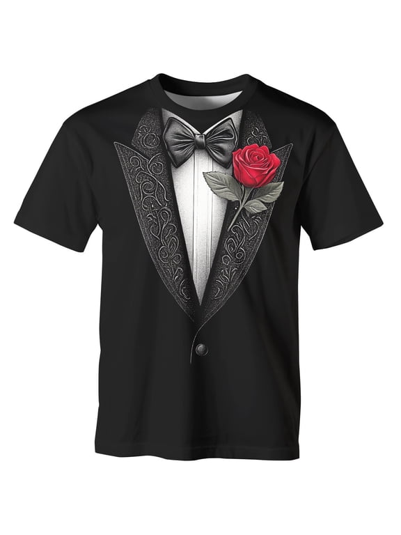 Men's Funny Tuxedo Graphic T-Shirt with Rose, Black Formal Suit Print Novelty Tee for Wedding Party Prom Costume,Black3,S