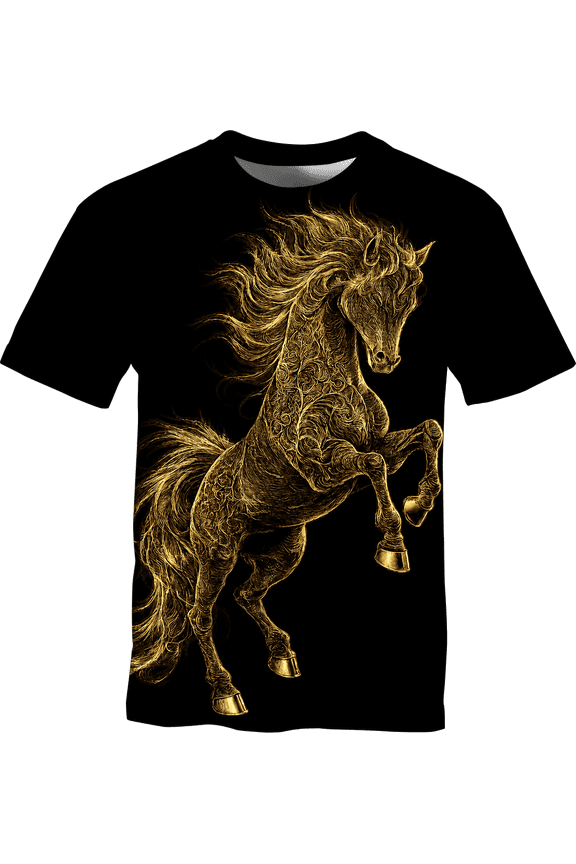 Men's Gold Horse Graphic T-Shirt, Black Stallion Western Short Sleeve Crewneck Tee for Horse Lovers, S-4XL,Black,M
