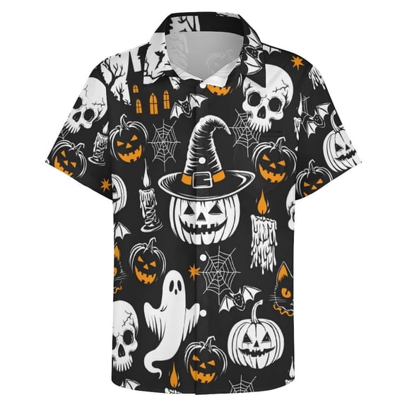 GHUALURU Men's Halloween Button Down Shirt Witch Hat Pumpkin Ghost Short Sleeve Party Shirt, Multi3,M
