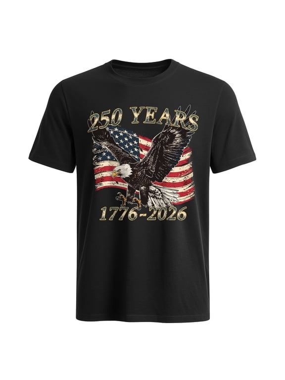 Men's Patriotic Eagle 250 Years T-Shirt, 1776-2026 USA Flag Graphic Cotton Tee, America Anniversary Shirt,Black,XL