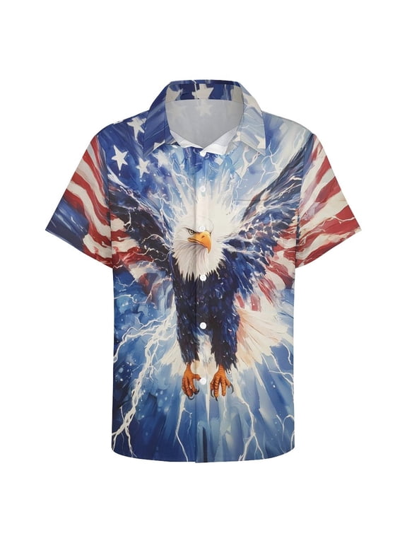 Men's Patriotic Hawaiian Shirt, American Flag Bald Eagle Short Sleeve Button Down Casual Summer Shirt,Multi1,L