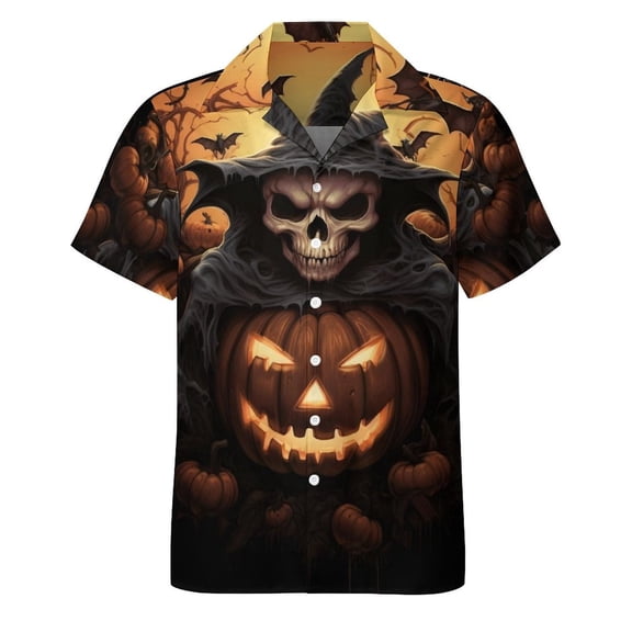 GHUALURU Men's Scary Halloween Button Down Shirt Skull Pumpkin Short Sleeve Stretch Party Shirt, Multi2,XL