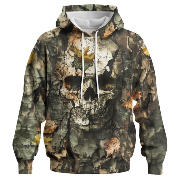 GHUALURU Men's Skull Camo 3D Graphic Pullover Hoodie with Fall Leaves, Multi1,XL