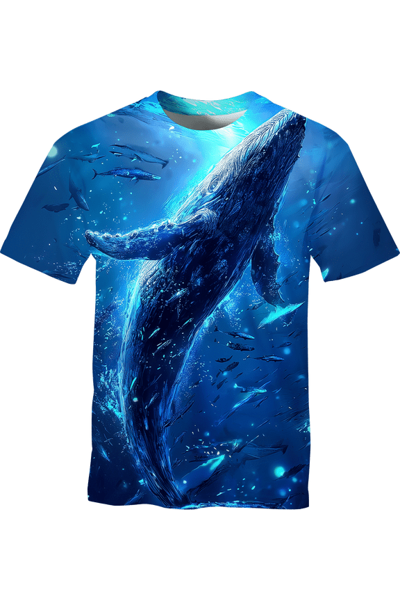 Men's Whale Graphic T Shirt, Ocean Sea Life 3D All Over Print Tee, Blue Underwater Marine Animal Short Sleeve Shirt,S-4XL,Blue,3XL