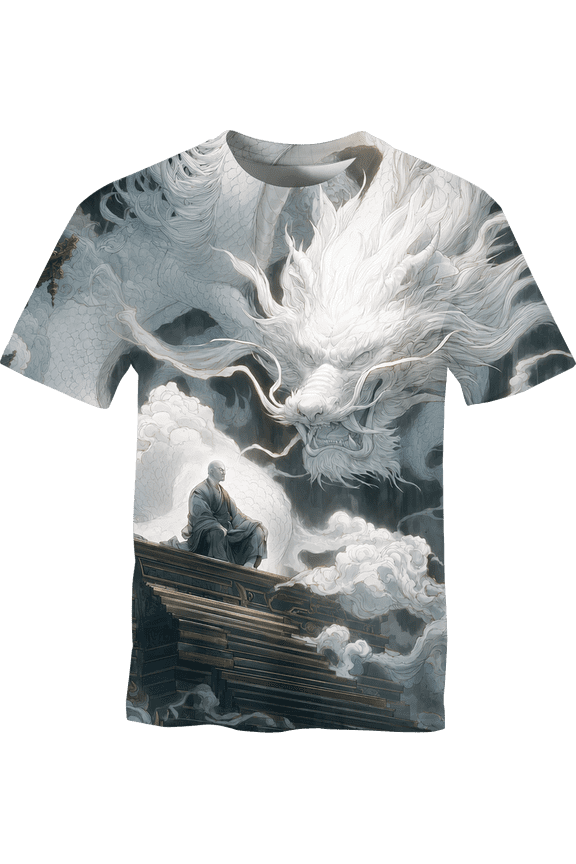Men's White Eastern Dragon T Shirt, Fantasy Cloud Graphic Tee, All Over Print Short Sleeve Crewneck Shirt, S-4XL,Multi,4XL