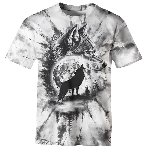 GHUALURU Men's Wolf Moon Graphic T-Shirt Forest Animal Print Short Sleeve Crew Neck Casual Tee,Multi,2XL