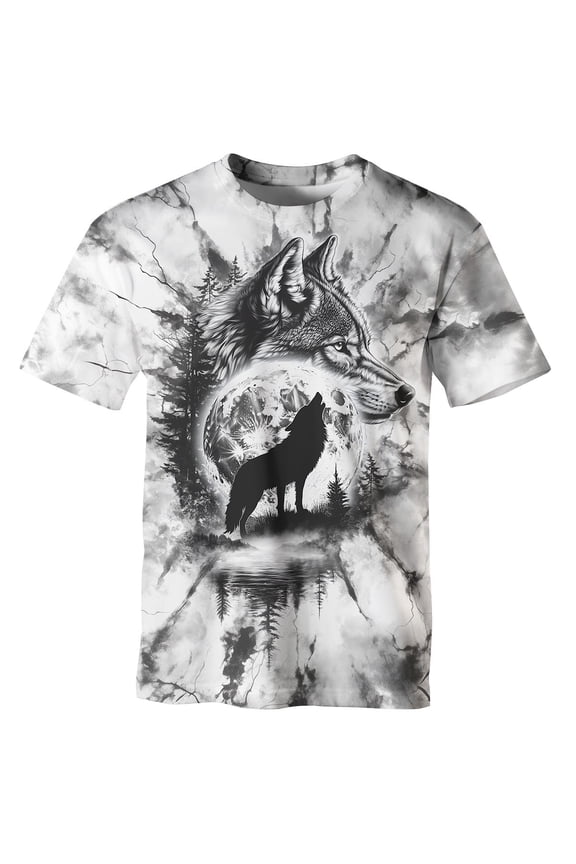Men's Wolf Moon Graphic T-Shirt Forest Animal Print Short Sleeve Crew Neck Casual Tee,Multi,4XL