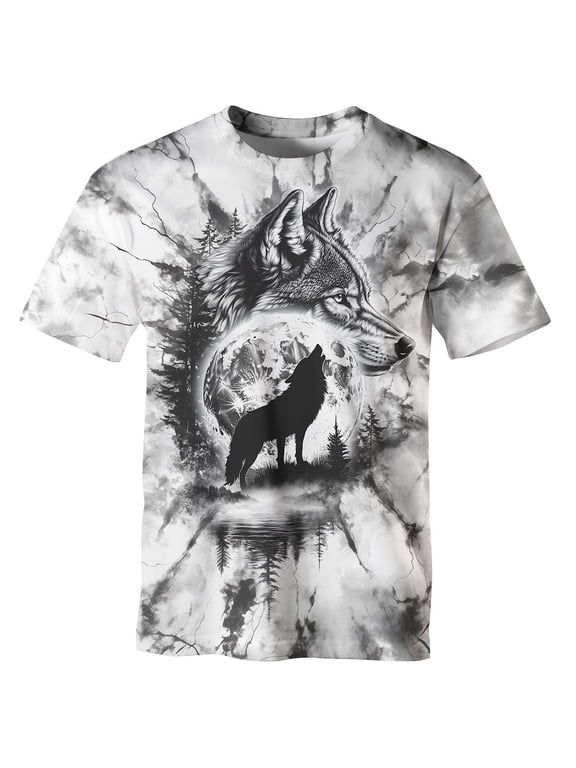 Men's Wolf Moon Graphic T-Shirt Forest Animal Print Short Sleeve Crew Neck Casual Tee,Multi,S