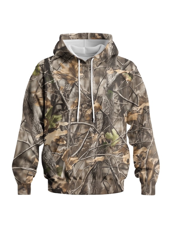 Mens Camo Hoodie, Woodland Tree Bark Oak Leaf Camouflage Pullover Sweatshirt, Outdoor Casual Graphic Hoodie, S-4XL,Multi3,L