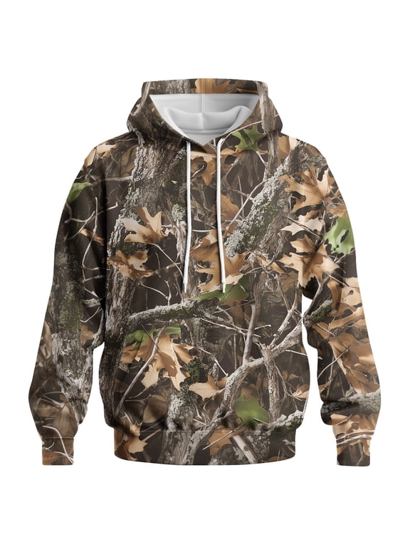 Mens Camo Hoodie, Woodland Tree Bark Oak Leaf Camouflage Pullover Sweatshirt, Outdoor Casual Graphic Hoodie, S-4XL,Multi4,4XL