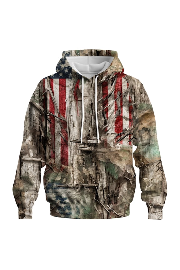Mens Patriotic Camo Hoodie, American Flag Woodland Hunting Pullover Sweatshirt, Outdoor Graphic S-4XL，Multi1，4XL