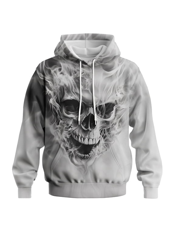 Mens Skull Graphic Hoodie, Smoky Skull Pullover Sweatshirt, Gothic Halloween Streetwear Top S-4XL,Gray2,S