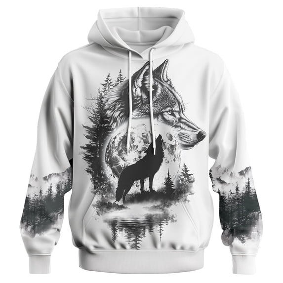 GHUALURU Mens Wolf Graphic Hoodie, White Pullover Sweatshirt, Howling Wolf Moon Forest Wildlife Print, S-4XL,Whlit4,2XL