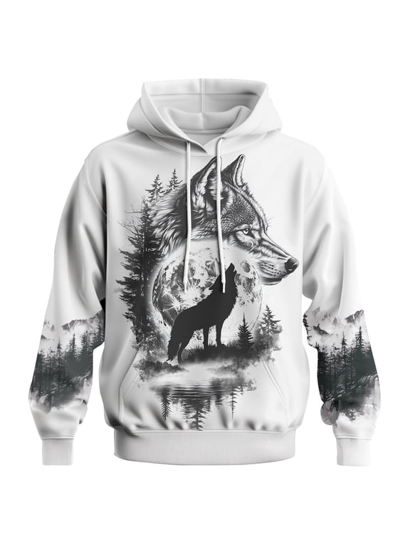 Mens Wolf Graphic Hoodie, White Pullover Sweatshirt, Howling Wolf Moon Forest Wildlife Print, S-4XL,Whlit4,M
