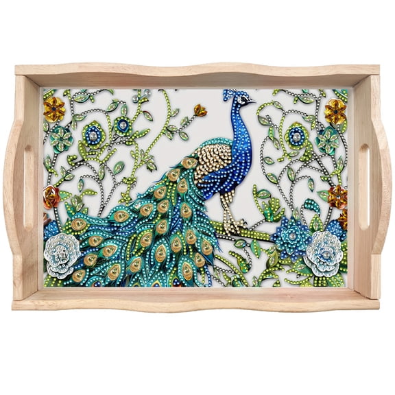GHUNYUN Peafowl - DIY Dot Drill Tray Diamond Art Painting Creative Design Part Drill Handmade Wooden Tray Dinner Plate