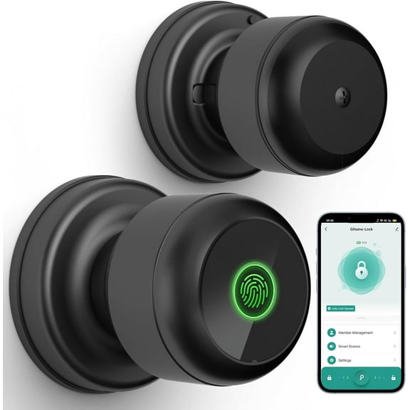 GHome Smart 3 IN 1 Fingerprint Smart Lock for Bedroom, Biometric Smart Lock for Bedroom Door, App Control, Emergency Type-C Charging, Great for Home, Offices, Hotels, Apartments, Garages, Matte Black