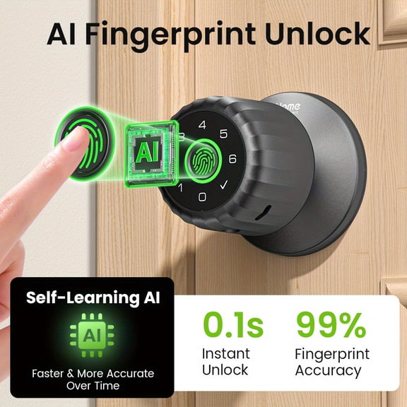 GHome Smart 4-in-1 Fingerprint Door Knob Lock | Biometric, Keypad & App Control | Anti-Peep Password, Alarm System | USB-C Rechargeable, Emergency Power Support