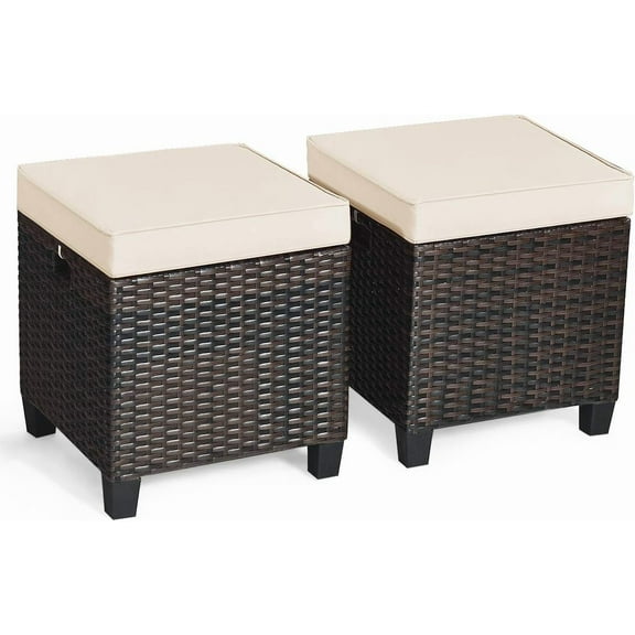 GHooa 2 Pieces Outdoor Patio Ottoman, All Weather Rattan Wicker Ottoman Seat, Patio Rattan Furniture, Outdoor Footstool Footrest Seat w/Removable Cushions