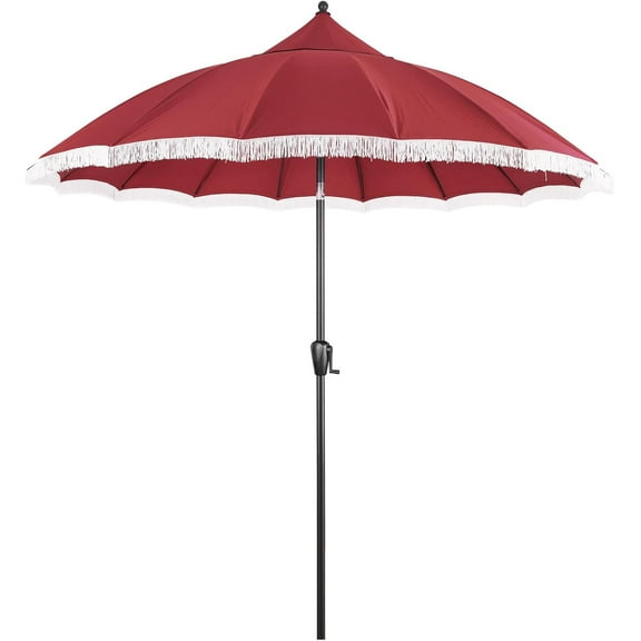 GHooa 9' Patio Umbrella with Burgundy Canopy and White Fringe Accents, Black Frame Market Umbrella for Patio, Deck, and Backyard