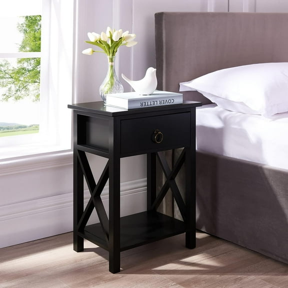 GHooa Night Stand Bedside Table with Drawer Wooden Side Tables Bedroom Night Stands Small Nightstand End Table with Drawer and Shelf Ideal for Small Spaces Bed Side Table/Night Stand - Black