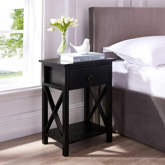 GHooa Night Stand Bedside Table with Drawer Wooden Side Tables Bedroom Night Stands Small Nightstand End Table with Drawer and Shelf Ideal for Small Spaces Bed Side Table/Night Stand - Black