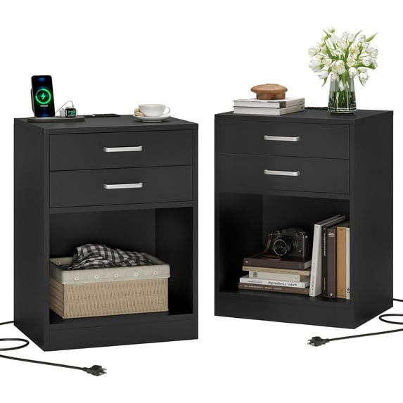 GHooa Night Stand,Black Nightstand with Charging Station & Drawers,Night Stands for Bedrooms Set of 2,Bedside Table with Drawers-Black