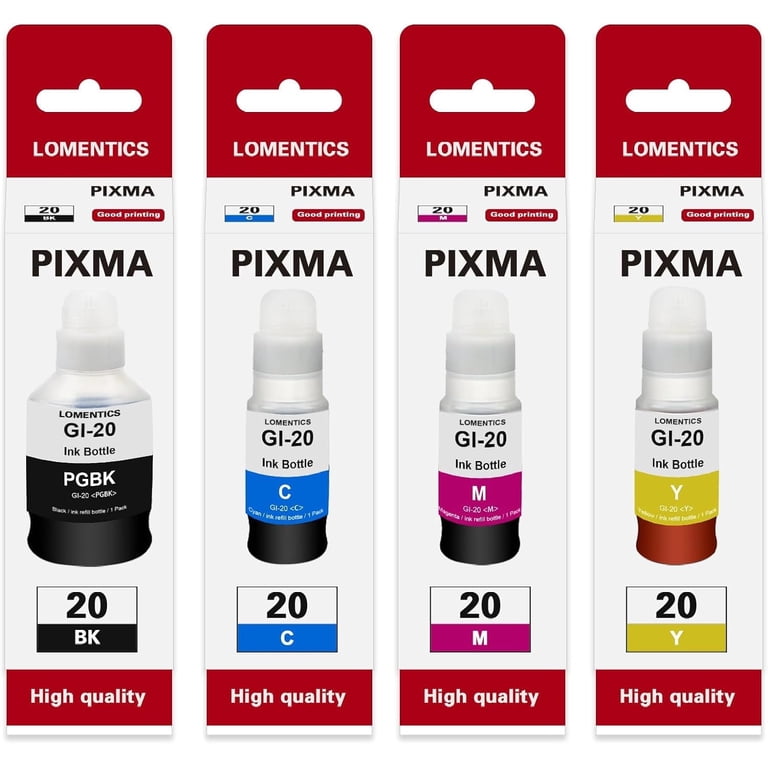 Canon GI-20 Ink Bottle Refill (4-Pack, 1B 1C 1M 1Y) for PIXMA