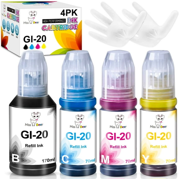 GI 20 Ink Bottle Compatible with Canon GI-20 GI20 Ink Refill Bottles for Canon PIXMA G6020 G5020 MegaTank Printers 4 pack (Black/Cyan/Magenta/Yellow)