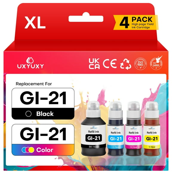 GI 21 Ink Bottle for Canon 21 GI-21 GI21 Ink Refill Bottle for Canon PIXMA G3260 G3270 G2260 G1220 G4270 G5020 G6020 (Black, Magenta, Cyan, Yellow, 4Pack)