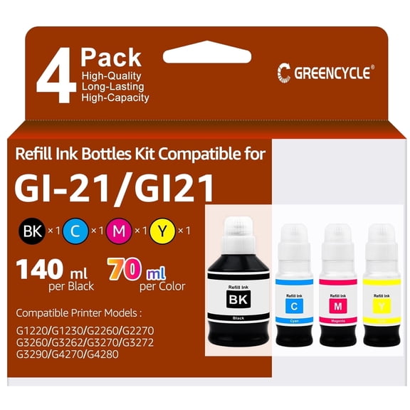 GI-21 Ink Refill Bottles Replacement for Canon 21 GI-21 GI21 Compatible for Canon PIXMA G3260 G3270 G3290 G3272 G4280 G4270 G2270 G2260 G1220 G1230 Megatank Printers (4 Pk, Black/Cyan/Magenta/Yellow)