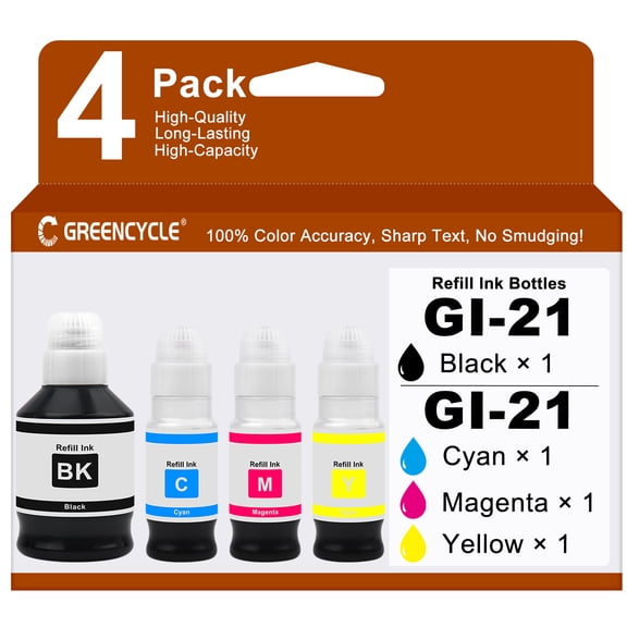 GI-21 Ink Refill Bottles Replacement for Canon 21 GI-21 GI21 Compatible for Canon PIXMA G3260 G3270 G3290 G3272 G4280 G4270 G2270 G2260 G1220 G1230 Megatank Printers (4 Pk, Black/Cyan/Magenta/Yellow)