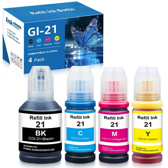 GI-21 Ink Refill Bottles Replacement for GI 21 21 GI21 Ink Bottles Refill Compatible for G3270 G3290 G4280 G3260 G4270 G2260 G1220 G1230 G2270 MegaTank Printers (4 Pack)