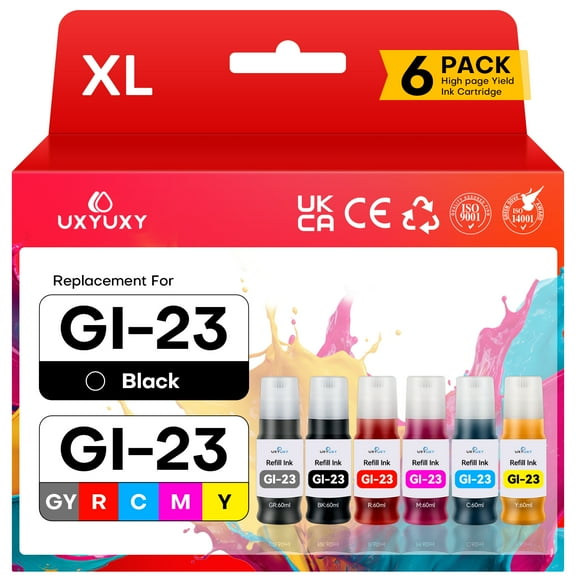 GI-23 Ink Replacement for Canon GI23 GI 23 Refill Ink Bottle for Canon PIXMA G620 G520 Printer (Black, Cyan, Magenta, Yellow, Red, Gray,6-Pack)