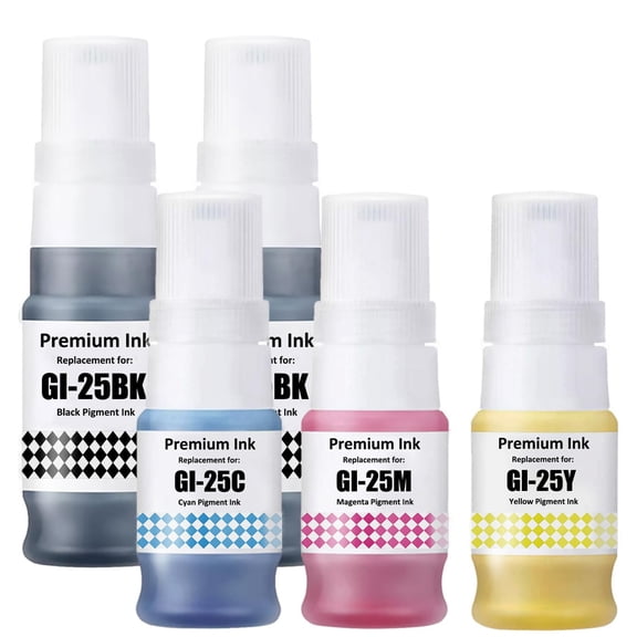GI-25 GI25 Ink Bottles Compatible for MAXIFY GX1020 GX2020 Printer 5 Color Multipack GI-25BK GI-25C GI-25M GI-25Y (Black*2/Cyan/Magenta/Yellow)