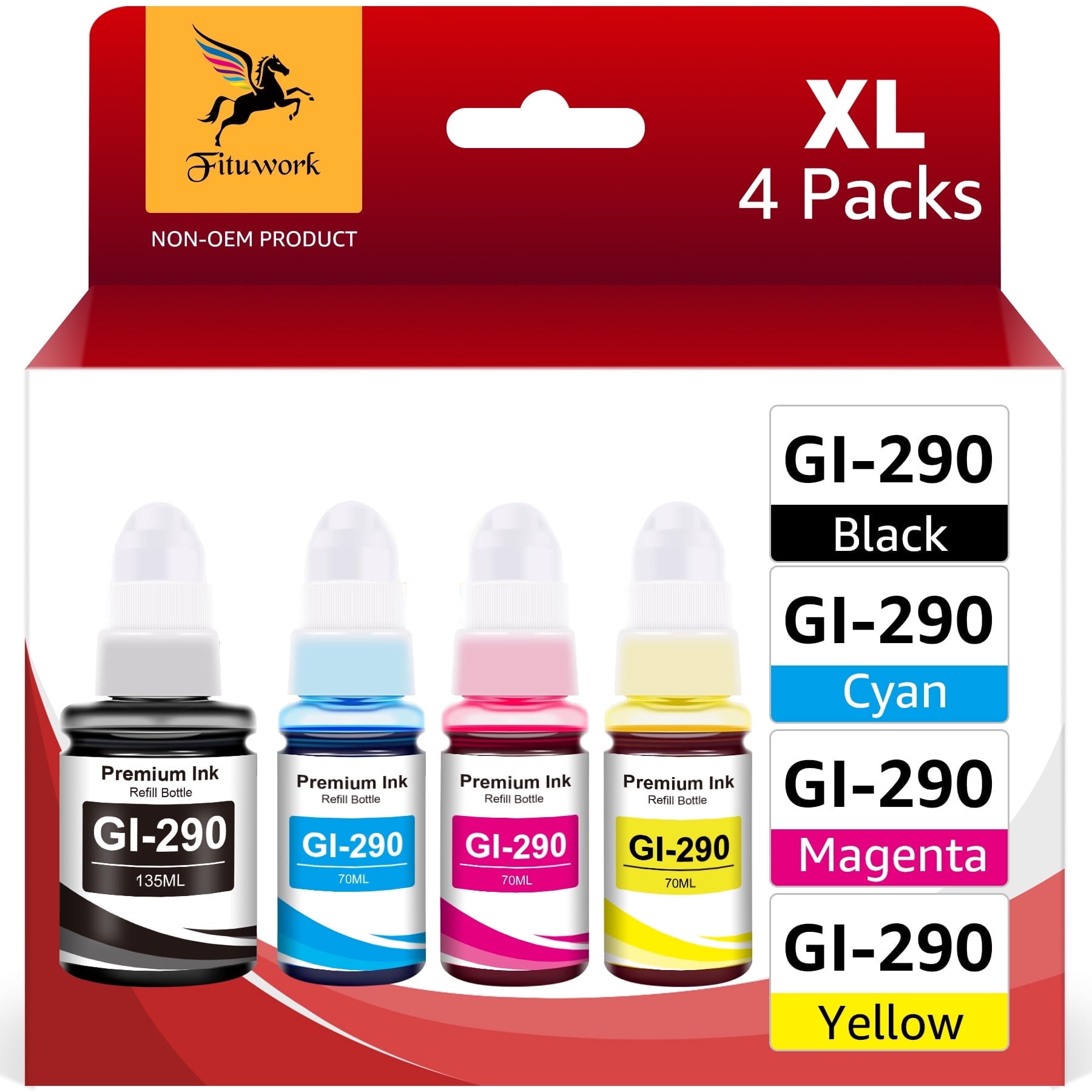 GI-290 G3200 G4210 Ink Refill Compatible for Canon GI-290 GI 290 GI290 290 Ink Bottles Kit Compatible for Canon PIXMA G3200 G4210 G4200 G2200 G1200 Printer (Black, C/M/Y Color Ink, 4-Pack)