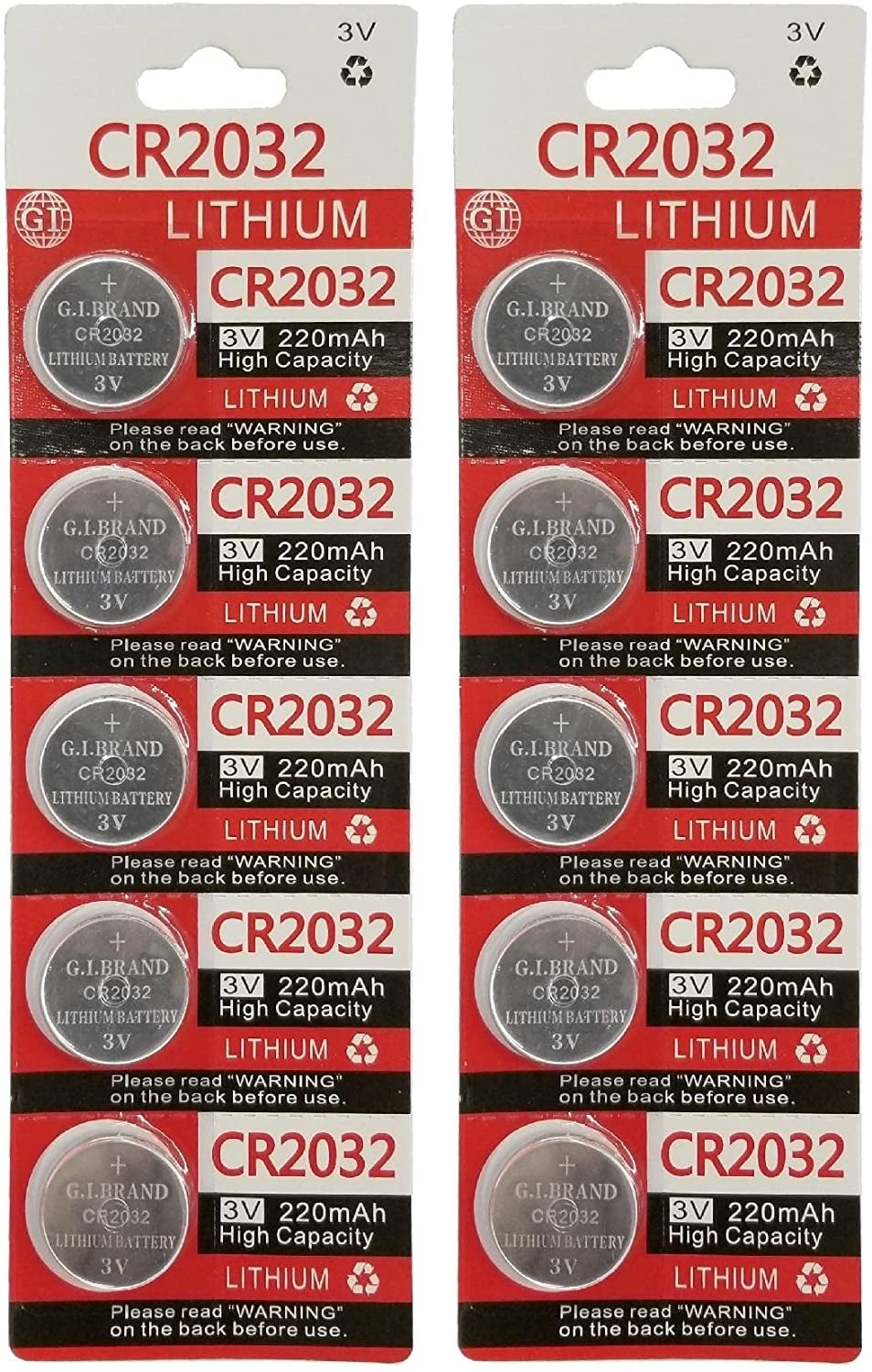 GI 3 Volt 2032 Battery CR2032 Lithium 3v Coin Cell Watch Battery 10