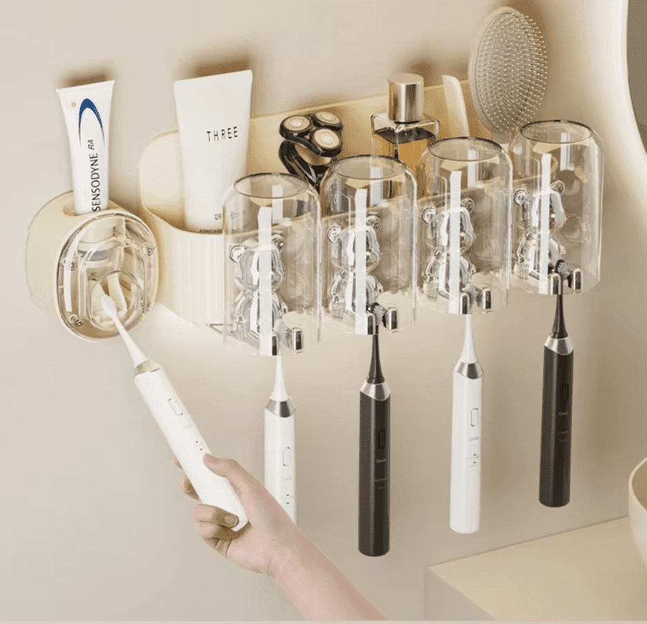 Bathroom Toothbrush Holder Set with Multifunctional Automatic Toothpaste Dispenser, Hygienic Dustproof Storage Organizer, Space-Saving Family Bathroom Accessories for Kids & Adults, Easy Installation