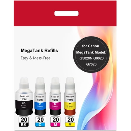 GI20 Ink Bottles for Canon GI-20 Ink Bottle Value Pack with G5020 G6020 G7020 MegaTank Printers (Black, Cyan, Magenta, Yellow, 4-Pack)