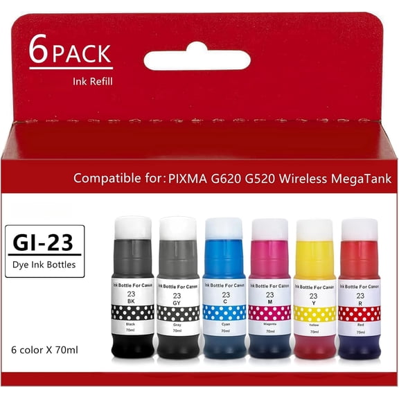 GI23 Compatible for Canon GI-23 23 Ink Refill Bottles Compatible for Canon pixma G620 G520 Printer (Black Cyan Magenta Yellow Red Gray) 6 Pack 70ml Ink Refill kit (6 Colors)