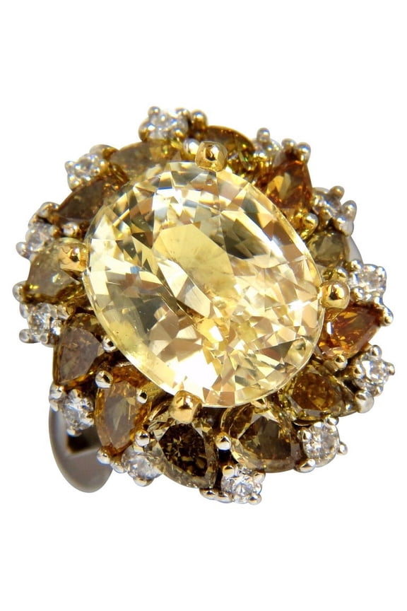 GIA 12.68CT NATURAL NO HEAT FANCY YELLOW SAPPHIRE DIAMONDS CLUSTER RING 18KT