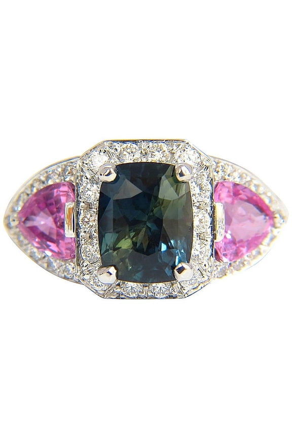6.19ct NATURAL NO HEAT GREEN BLUE SAPPHIRE DIAMONDS RING UNHEATED