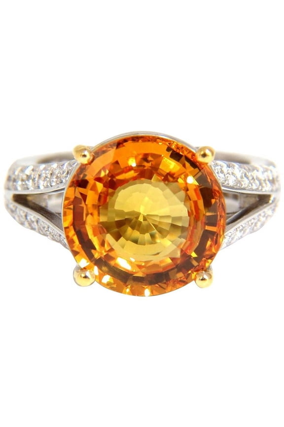 8.95CT NATURAL ORANGE YELLOW ROUND SAPPHIRE DIAMOND RING 18KT SPLIT