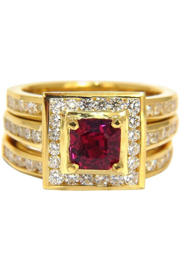 GIA Certified 1.51ct Asscher cut vivid red ruby 2.00ct diamonds ring 18kt