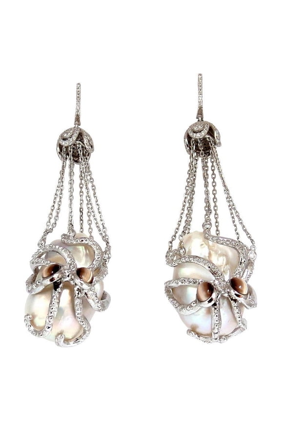 GIA Certified 30mm Baroque Pearls Catseye Ocotopus diamond dangle earrings
