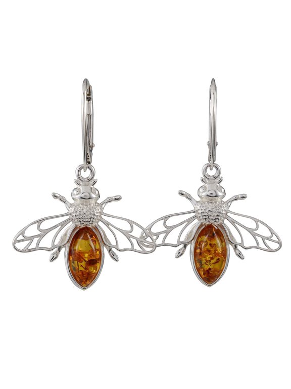GIA Certified Bumble Bee Baltic Honey Amber Bumblebee Drop Earrings in Sterling Silver