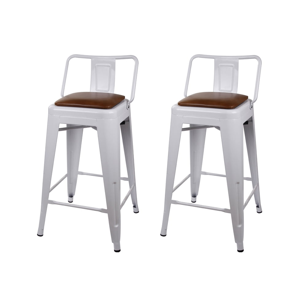 GIA Design Group 24 Inch Low Back Metal Bar Stools with Brown Vegan Leather Seat, White, Set of